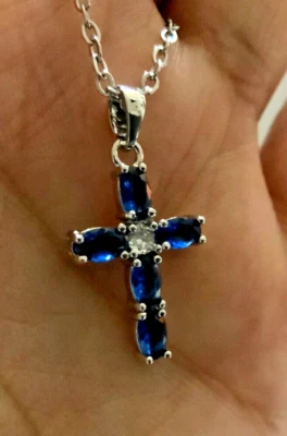 Collar Cruz Chapado en Oro 14k Plata de Ley 925 Piedras de Laboratorio Azul Foto 1 de 4