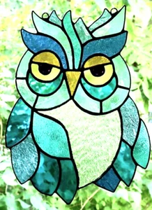 SILVER TURQUOISE AQUA BLUE OWL SUNCATCHER AUSTRALIAN STAINED GLASS Bird Art Gift - Picture 1 of 24
