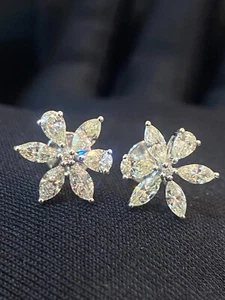 Stunning 1.62 Cts Pear Marquise Round Cut Diamonds Stud Earrings In 585 14K Gold - Picture 1 of 12