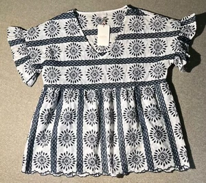NWT Entro Top Women’s Size Large Blue White Embroidered Boho Peasant Ruffle - Picture 1 of 14