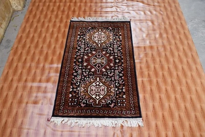 Oriental Navajo Living Room Turkish Black Gold color 2.6x4 Silk Rugs Area Rug - Image 1 of 4