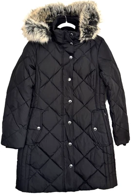 Abrigo de invierno con capucha de piel sintética acolchada con diamantes LONDON FOG - para mujer talla pequeña - NUEVO Foto 1 de 4