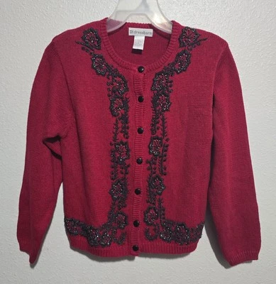 Cárdigan Suéter Vintage Rojo VESTIDO GRANERO Cuentas Diseño Floral Manga Larga Pequeño Foto 1 de 4