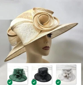 Bow Flower Sinamay Kentucky Derby Wedding Hat Church Wide Brim Dressy Bucket - Picture 1 of 6