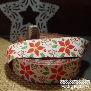 Poinsettia Holly Red Christmas Jacquard Art Ribbon Dog Collar MA918 - Picture 1 of 5