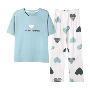 Cotton Women Pajama Set 2 Pcs Short Sleeve Pullover Top Sleepwear Long PJ Pants - Picture 1 of 9