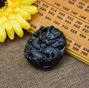 100%Natural Obsidian Hand carved dragon good luck charm pendant necklace - Picture 1 of 5