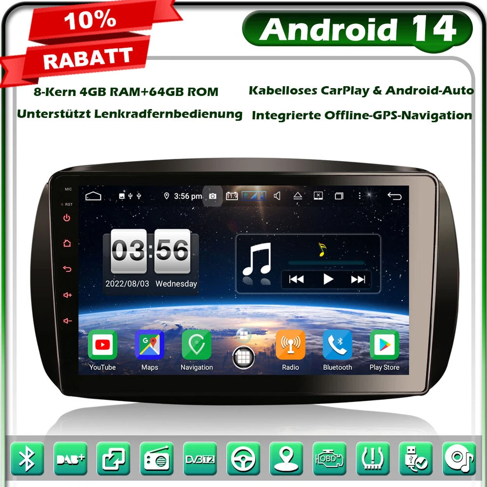 9" 8-Kern Android 14 Autoradio GPS Navi Für Mercedes-Benz SMART CarPlay DAB+ DSP - Bild 1 von 4