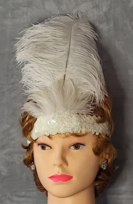 Faixa de cabeça branca lantejoula pluma flapper showgirl elástica ajustável - Imagem 1 de 4