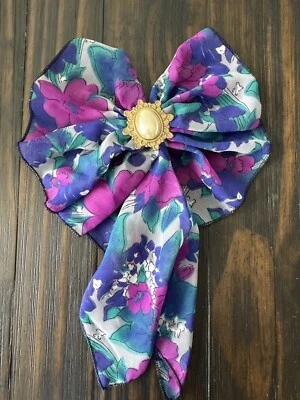 Vintage Floral Fabric Bow Hair Clip Purple Blue Pink Scarf Style Barrette 80's - Image 1 of 4