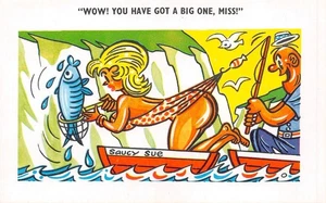 POSTCARD COMIC RISQUE FISHING THEME GIRL BIG ONE - Picture 1 of 2