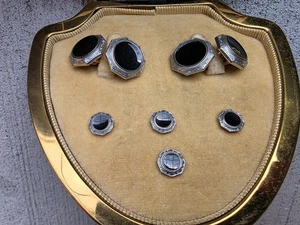 Gemelos y 4 tachuelas antiguos de ónix Krementz Art Deco con estuche original años 20 - Imagen 1 de 10