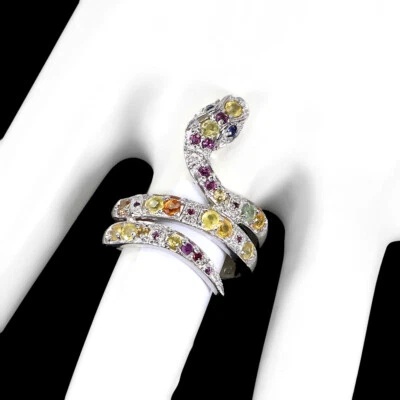 925 Sterling Silver Ring Round Sapphire Rhodolite Cobra Gemstone Jewelry 7.5 - Image 1 of 4