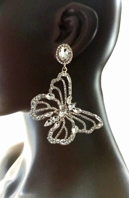 Pendientes Mariposa 4" Largos Cristales Transparentes Drag Queen Desfile, Perforados Foto 1 de 2