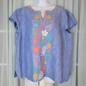 Talbots Linen Embroidered Tunic Womens Sz 2XP Pineapple Floral Top Boho Resort - Picture 1 of 8