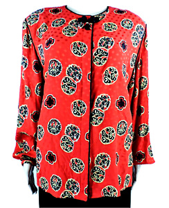 MAGGY LONDON Red Oriental Silk Blouse Tunic Top 14 Button Closure Long Sleeve