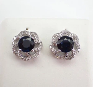 14K White Gold Sapphire and Diamond Stud Earrings Flower September Birthstone - Picture 1 of 5