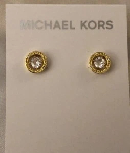 Michael Kors Gold Plated Brass Round Open Frame Stud Earrings Crystal Accent NWT - Picture 1 of 14