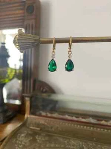 Emerald Green & Crystal Teardrop Jewel Huggie Hoop Earrings - Picture 1 of 3