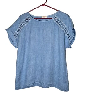 Top Bellambra blu lino cotone accento uncinetto Made in Italy S Boxy Lagenlook - Foto 1 di 9