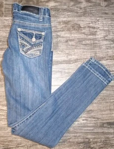 Pantalones de mezclilla ajustados Twenty One bordados para mujer talla 0/1R 26"x29" tiro bajo - Imagen 1 de 13