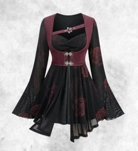 New Black/Burgundy Vest Gothic Rose Silver Buckle Blouse Top size 4XL 24 26 28 - Picture 1 of 5