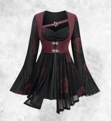 New Black/Burgundy Vest Gothic Rose Silver Buckle Blouse Top size 2XL 20 22 24 - Image 1 of 4