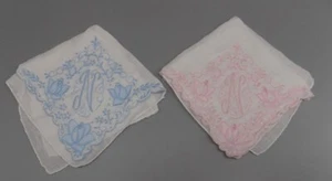 2 Vintage Initial "N" Embroidered Handerkerchiefs Hankies Pink Blue White Cotton - Picture 1 of 7