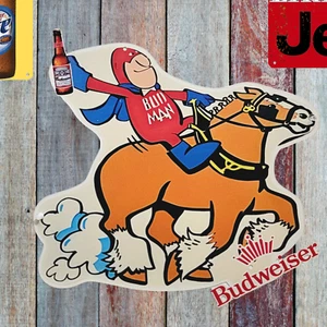 Rara insegna Budweiser Bud Man King of Beers cavallo metallo uomo grotta bar decorazione 15' - Foto 1 di 5