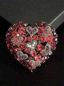 Heart Brooch Large Red White Crystal Rhinestone Gold Tone Heart Shaped Love Pin - Picture 1 of 7