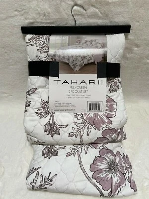 TAHARI 家庭全/女王 3 件套被子套装 带 SHAMS 白色/LAVENDER 花朵 — 第 1/3 张图片