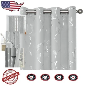 Noise Reducing Room Darkening Curtains 63 Inches - Elegant Silver Floral Design - Picture 1 of 10