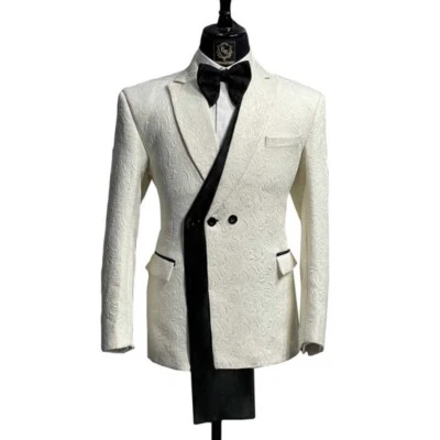 Новое поступление жаккардовые костюмы для мужчин двубортный белый черный контрастный костюм - Изображение 1 из 4