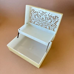 Vintage Jewelry Box. Pierced Reticulated Lid, Fold out Cream, Heppe Hudson Co. - Picture 1 of 12