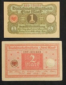 1920 German Reich Unc 1 Und 2 Mark Darlehenskaffenschein Notes