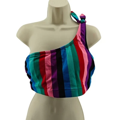 Top de bikini antiguo azul marino multicolor a rayas hombro único grande para mujer Foto 1 de 4