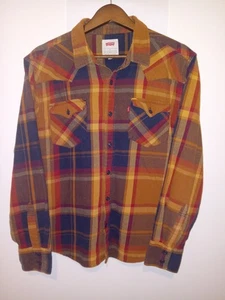 Levis Mens Size L Flannel Long Sleeve Shirt Button Up Orange Brown Autumn Fall - Picture 1 of 5