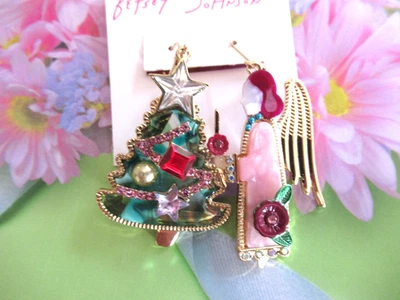 Betsey Johnson Earrings Christmas Angel Tree Mismatch Drop Dangle Colorful NEW - Image 1 of 4