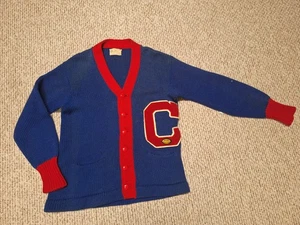 VINTAGE 60S 70S "C" Langa HIGH SCHOOL WOOL LETTERMAN CARDIGAN ~RED/BLUE~ - Picture 1 of 9