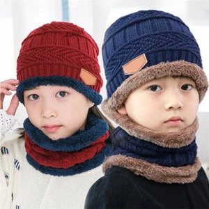Knit Beanie Cap Scarf Set Toddler Kids Baby Boys Girl Warm Winter Lined Hat - Picture 1 of 18