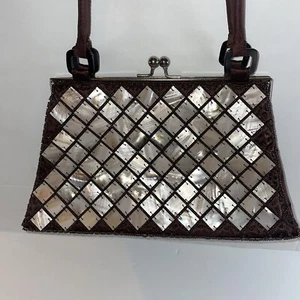 Mod Mother of Pearl & Beaded Brown Double Handled Purse Bag Vintage 11” Wide - Picture 1 of 23