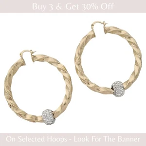 Gold Twist Hoop Earrings With Crystal Balls Chunky Hoops 9ct Gold Filled 60mm - Picture 1 of 6