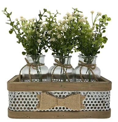 Bandeja de centro de mesa de cocina de granja *3 frascos de botellas de vidrio con arco de arpillera rústico Foto 1 de 3