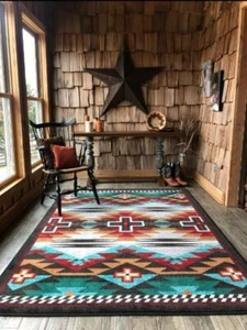 Rustic Cross Electric Turquoise Southwest Country Farmhouse Area Rug 4x5 - Picture 1 of 5