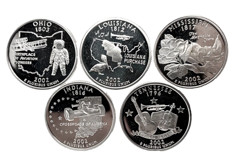 2002 S 5 Coin Year Set 50 States US Quarter 25c Gem Deep Cameo Proof 90% Silver - Image 1 of 4
