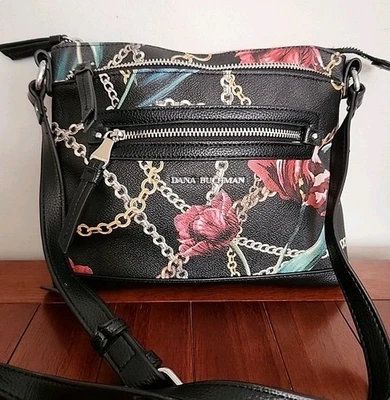 Bolso de mano bandolera floral de diseñador Dana Buchman negro con rosas rojas Foto 1 de 4
