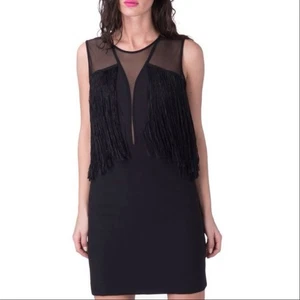Sandro Paris | Vestido para mujer negro profundo cuello en V malla y borlas flecos sin mangas - Imagen 1 de 14