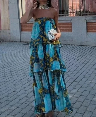 NWT ZARA $169 Strapless Dress ZW Collection Blue/yellow 3001/119 Sz XS, S, M, L - Image 1 of 4