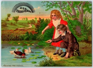 1890er Chromo Kaffee Sammelkarte Mädchen & Junge füttern Enten F. Sutton & Co. - Bild 1 von 2