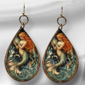 Pendientes de lágrima Sirena en estilo Art Nouveau SIN DESLUSTRAR madera colgante gota - Imagen 1 de 8